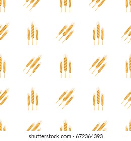 Golden bread spikes turned vertically and obliquely endless texture. Ripe ears seamless pattern on white background. Cut spica vector illustrations.