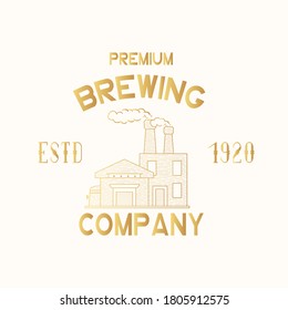 Golden brewing company label or sign. Emblem or badge for pub, bar, restaurant menu with beer factory or plant. Vector illustration with gold vintage brand design.