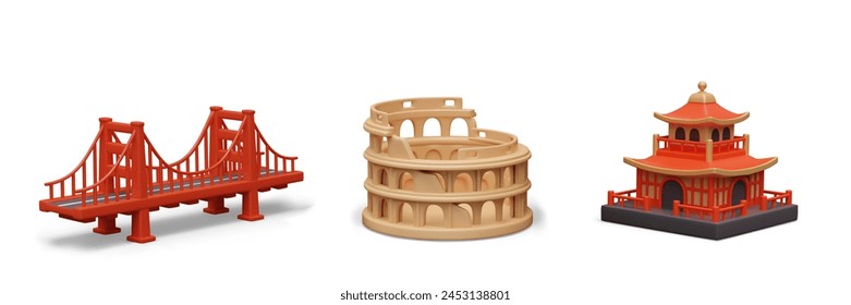 Golden Bridge, Colosseum, pagoda. Set of isolated world architectural monuments