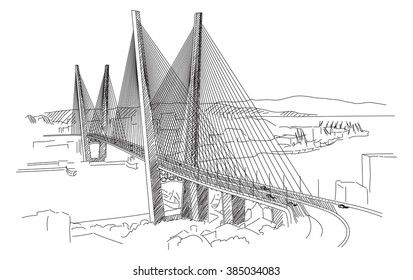 Golden Bridge. Vladivostok. Russia. Engraving