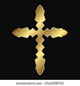 Golden bright Christian cross with carved pattern