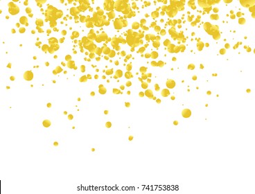 Golden bright confetti party background layout. Metallic texture beautiful falling realistic particles. Vector illustration