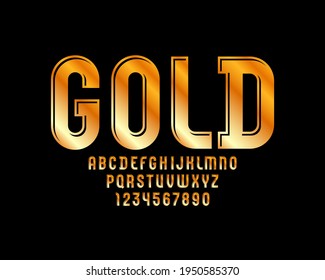 Golden bright font, modern metallic alphabet, gold capital Latin letters from A to Z and Arab numbers from 0 to 9, vector illustration 10EPS