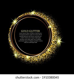 
Golden bright frame with small dust particles, gold glitters on a black background, design element