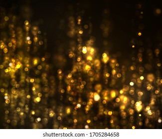 Golden bright glow bokeh. Christmas vintage lights on black background. Colorfull blurred abstract defocused . Vector