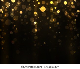 Bokeh brillante dorado. Las lámparas de época de Navidad con fondo negro. Colorido abstracto desenfocado. Vector