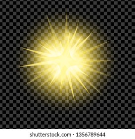 Golden bright glowing and shining star flares effect isolated on transparent background. Vector illustration