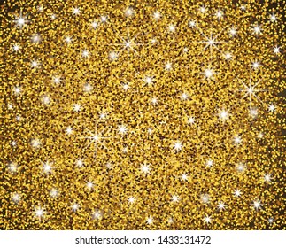 Golden bright scattered dust, texture with shimmering, light stars. Vector illustration. Eps.