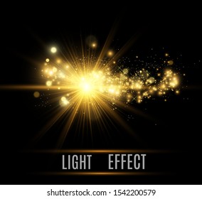 Golden bright star. Light effect bright star. Beautiful light to illustrate. Christmas star White sparks sparkle with a special light. Vector sparkles on transparent background.