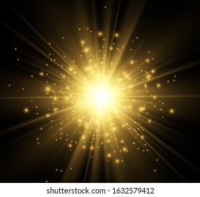 Golden bright star. Light effect bright star. Beautiful light to illustrate. Christmas star White sparks sparkle with a special light. Vector sparkles on transparent background.