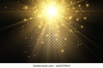 Golden bright star. Light effect bright star. Beautiful light to illustrate. Christmas star White sparks sparkle with a special light. Vector sparkles on transparent background.