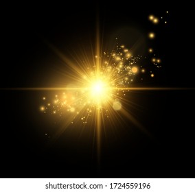 Golden bright star. Light effect bright star. Beautiful light to illustrate. Christmas star White sparks sparkle with a special light. Vector sparkles on transparent background.