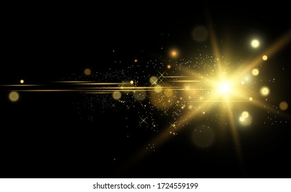 Golden bright star. Light effect bright star. Beautiful light to illustrate. Christmas star White sparks sparkle with a special light. Vector sparkles on transparent background.