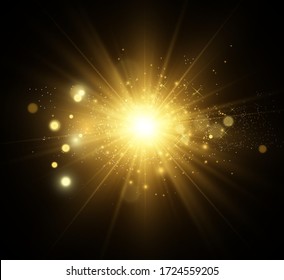 Golden bright star. Light effect bright star. Beautiful light to illustrate. Christmas star White sparks sparkle with a special light. Vector sparkles on transparent background.