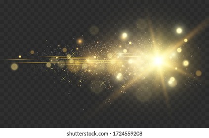 Golden bright star. Light effect bright star. Beautiful light to illustrate. Christmas star White sparks sparkle with a special light. Vector sparkles on transparent background.