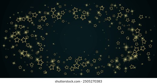 Golden and bright stars confetti on a dark festive background. Free space in the center of the background. Vector illustration.