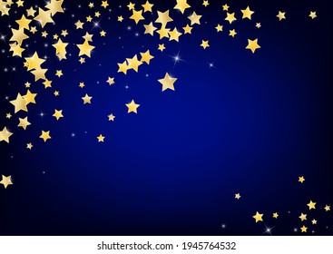 Golden Bright Stars Vector Blue Background. Luxury Dust Background. Sky Template. Yellow Christmas Starry Texture.