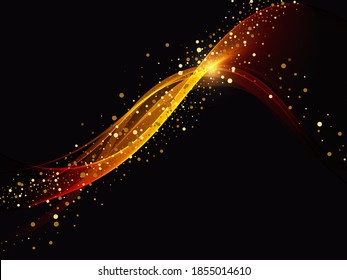 
Golden bright stream of waves on black background with gold glitters