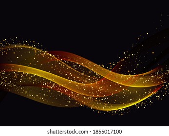 
Golden bright stream of waves on black background with gold glitters Vector background