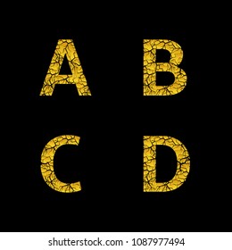 Golden broken A B C D letters, Luxury cracked letters. Vector illustration