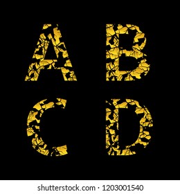 Golden broken A B C D letters, Old cracked letters. Vector illustration
