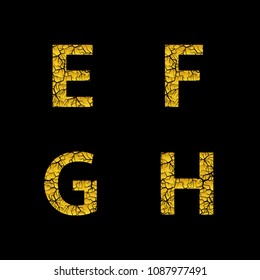 Golden broken E, F, G, H, letters, Luxury cracked letters. Vector illustration