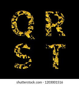 Golden broken Q R S T letters, Old cracked letters. Vector illustration