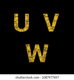 Golden broken U, V, W letters, Luxury cracked letters. Vector illustration