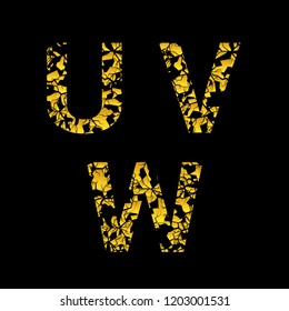 Golden broken U V W letters, Old cracked letters. Vector illustration