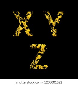 Golden broken X Y Z letters, Old cracked letters. Vector illustration