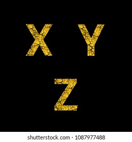 Golden broken X,Y,Z letters, Luxury cracked letters. Vector illustration