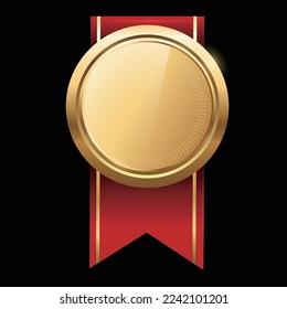 Golden bronze medal with red ribbon. .Champion and winner awards Sports medal set.