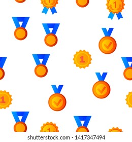 Golden, Bronze Medals Vector Color Icons Seamless Pattern. Medals, Competition Winner Rewards. First, Second, Third Place Awards Linear Symbols Pack. Victory, Achievement, Success Illustrations