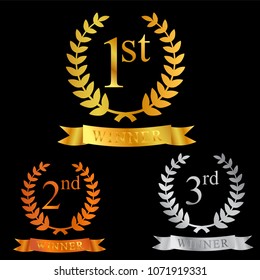 golden, bronze and silver chrome laurel, ribbon, first, second and third winner, at black background