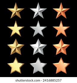 Golden, bronze, silver glossy metallic stars 3d realistic style. Leadership, game award, customer feedback symbol vector illustration isolated on black background