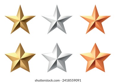 Golden, bronze, silver glossy metallic stars 3d realistic style. Leadership, game award, customer feedback symbol vector illustration isolated on white background