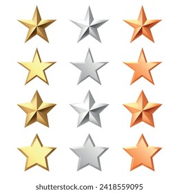 Golden, bronze, silver glossy metallic stars 3d realistic style. Leadership, game award, customer feedback symbol vector illustration isolated on white background