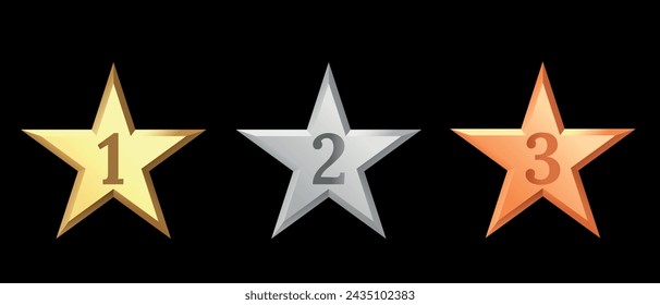 Golden, bronze, silver glossy metallic stars 3d realistic style. Leadership, game award, customer feedback symbol vector illustration isolated on black background