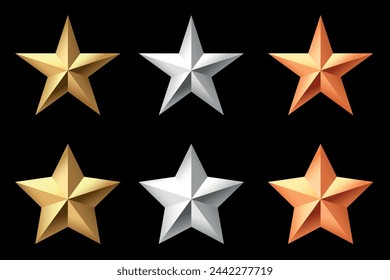 Estrellas metálicas brillantes doradas, bronce, plata estilo realista 3d. Liderazgo, premio del juego, ilustración vectorial de símbolo de retroalimentación del cliente aislado sobre fondo negro