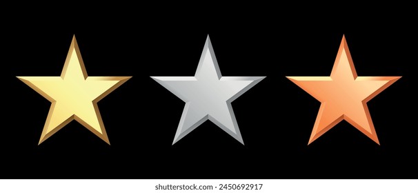 Golden, bronze, silver glossy metallic stars 3d realistic style. Leadership, game award, customer feedback symbol vector illustration isolated on black background