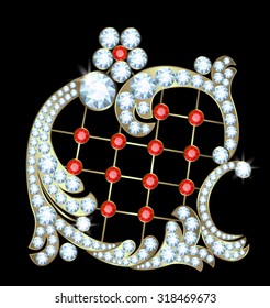Golden brooch with diamonds and rubies on a black background