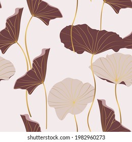 Golden, brown abstract lotus leaves, simple line arts on white background. Luxury gold wallpaper design for prints, banner, fabric, poster.