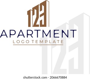 Golden Brown Apartment with initials number 123, Real Estate Golden Brown Apartment with elegant luxury logo design 123 Monogram