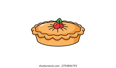 Golden brown baked pie with a fluted crust is topped with two red cherries and a green leaf on a white background.