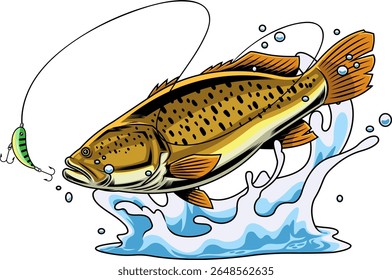 Golden Brown Baixo Peixe Cartoon Personagem Saltando na isca de pesca com Splash - Ilustração desenhada à mão do vetor isolada no fundo transparente