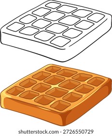 Ilustración vectorial de gofre belga marrón dorado con una versión de arte de línea en blanco y negro