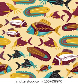 golden brown decorative fish vector pattern which repeats from all sides in a seamless manner.