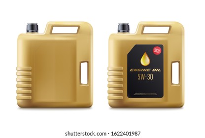 Golden brown engine oil canister mockup with and without label - plastic bottle container for car motor lubricant or fuel isolated on white background, vector illustration