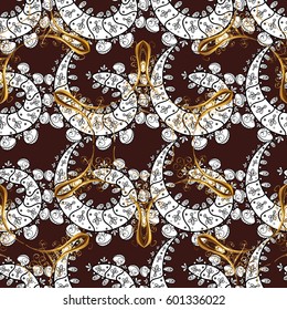 Golden brown floral ornament in baroque style. Damask seamless pattern repeating background. Golden element on brown background. Antique golden repeatable wallpaper.