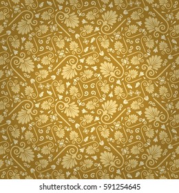 Golden brown geometric seamless pattern in tribal style. Colorful, contrast design for web, wallpaper, page fill or other purpose. Intricate tessellated repeatable backdrop. Retro decor.